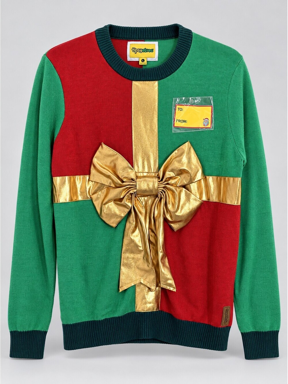 Tipsy Elves Men’s L Gift Wrap Bow Ugly Christmas Sweater Red Green